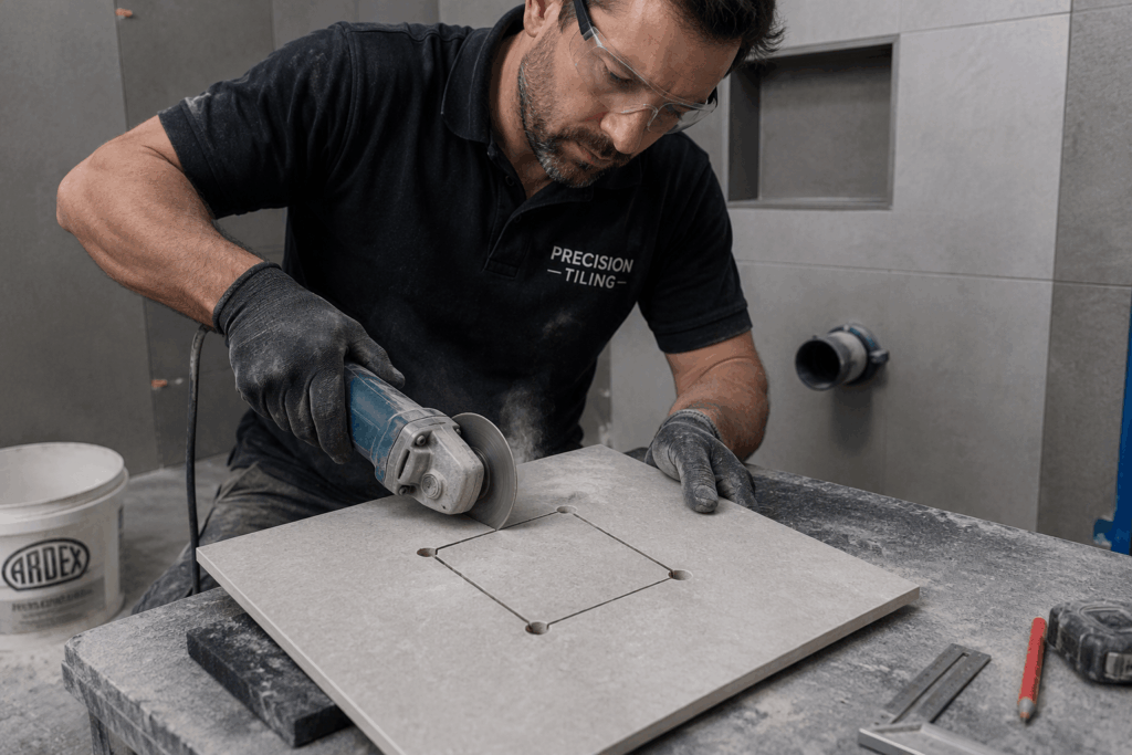 Professional tiler cutting a square in the middle of a tile.