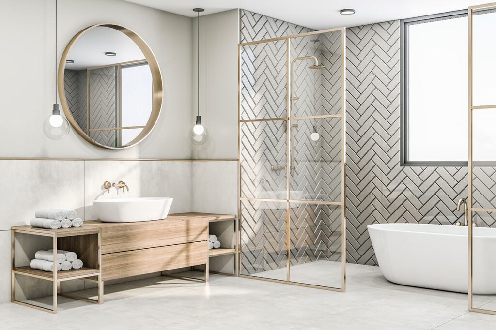Bathroom with herringbone tiles.