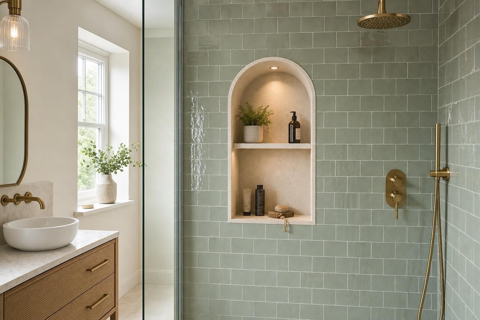 An arched shower niche in a sage green shower.