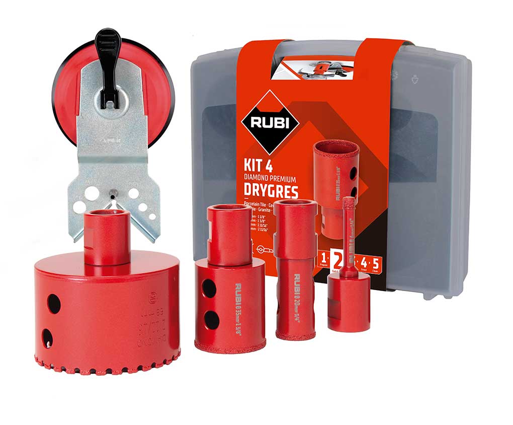 De DRYGRESS PREMIUM kit biedt keuze uit een set boren met diameters van Ø 28, 35, 43 en 68 mm