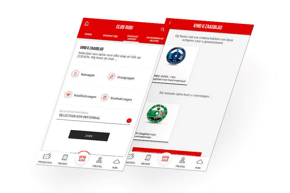 Om het juiste zaagblad te kiezen voor elke klus heeft de Club RUBI APP de functie 'Diamant Expert'